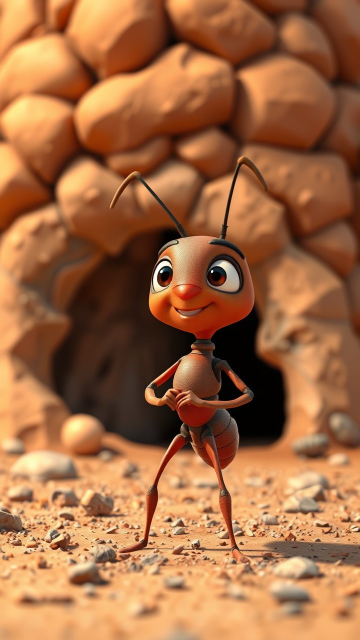 Cheerful 3D Animated Ant Character in Front of Anthill