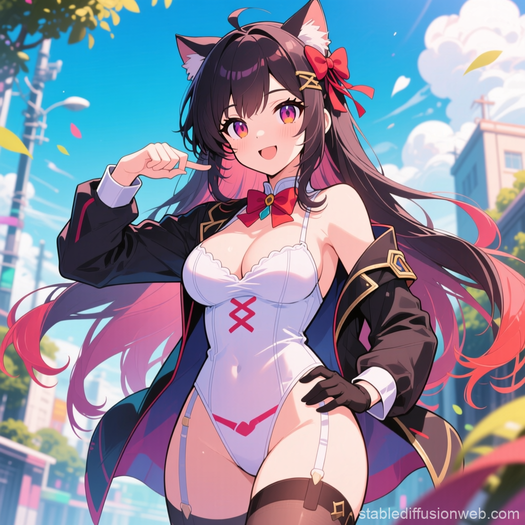 Cheerful Anime Catgirl in Stylish Outfit on Sunny Day