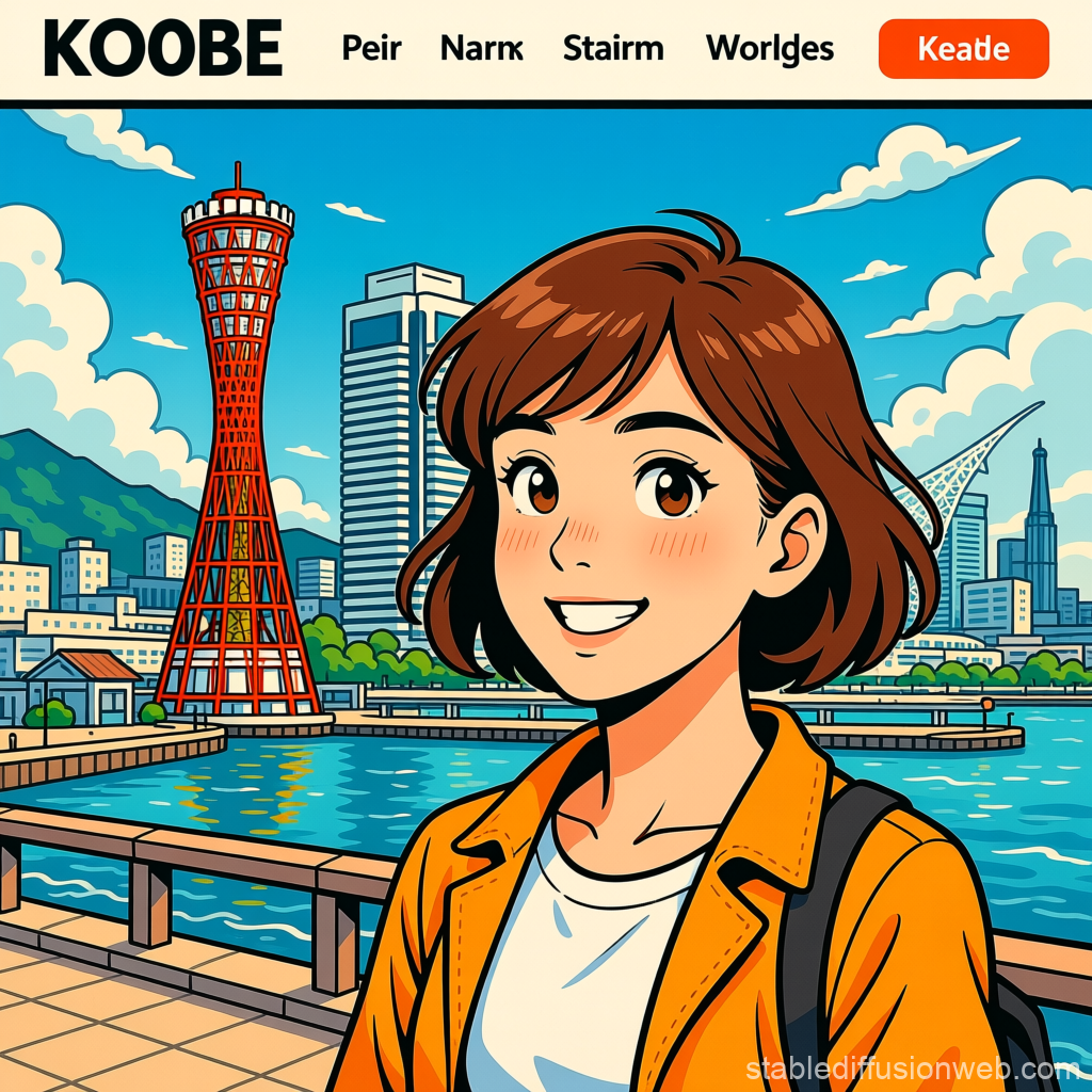 Cheerful Anime Girl at Kobe Harbor with Iconic Tower