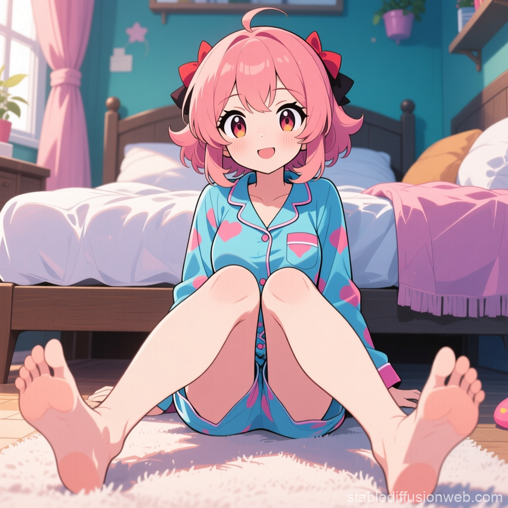 Cheerful Anime Girl in Heart-Patterned Pajamas Sitting on Floor
