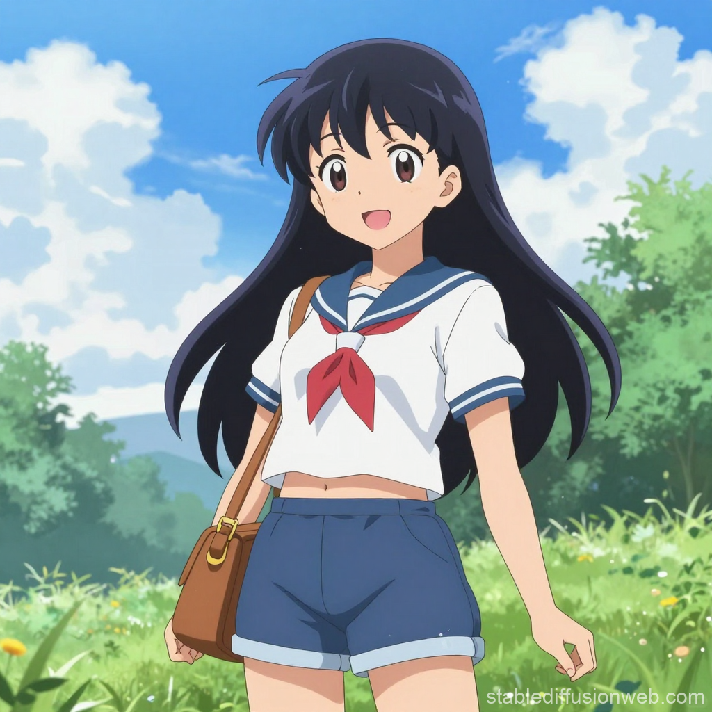 Cheerful Anime Girl in Summer Outfit Outdoors