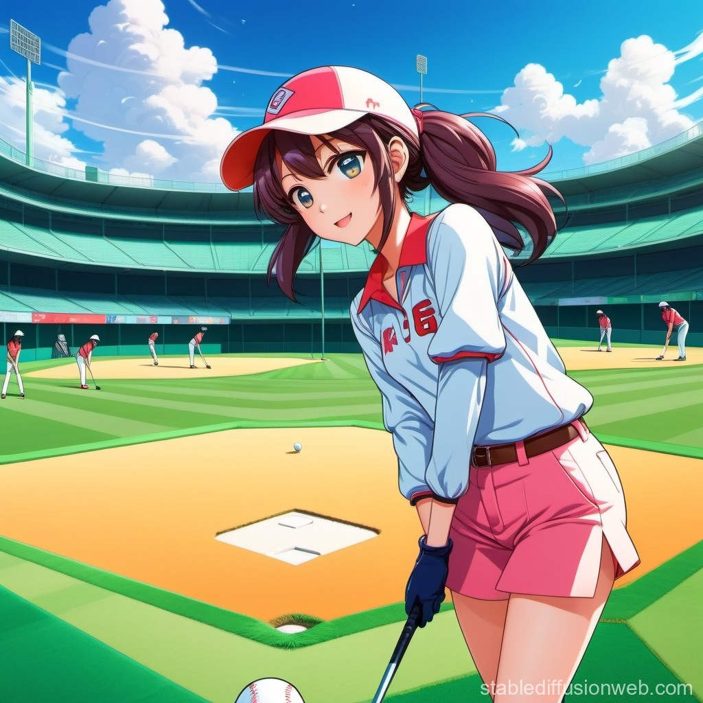 Cheerful Anime Girl Playing Baseball on Sunny Day