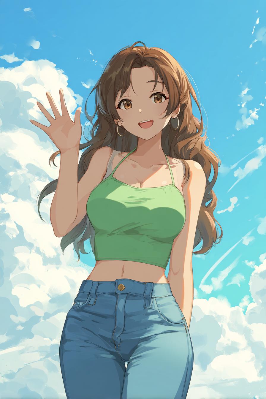 Cheerful Anime Girl Waving Under Blue Sky