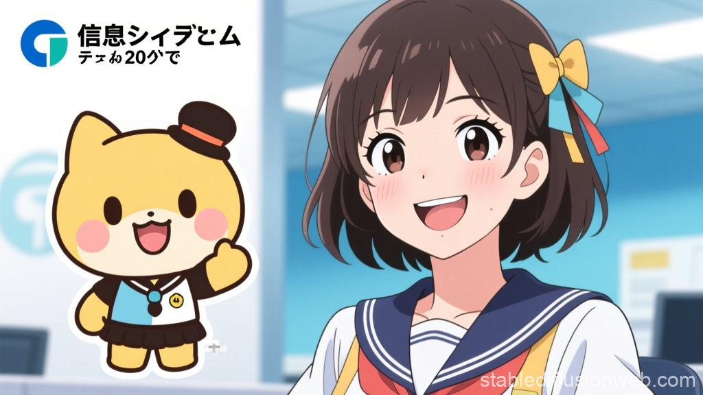 Cheerful Anime Girl with Cute Mascot in Office Setting