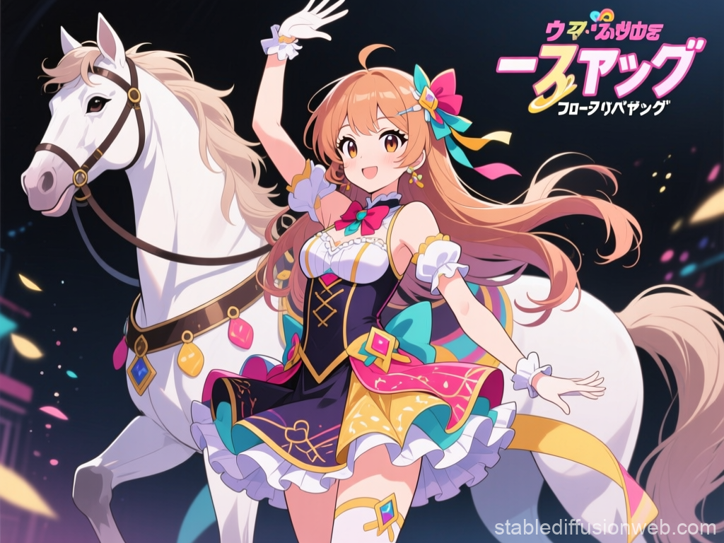 Cheerful Anime Girl with White Horse in Colorful Outfit