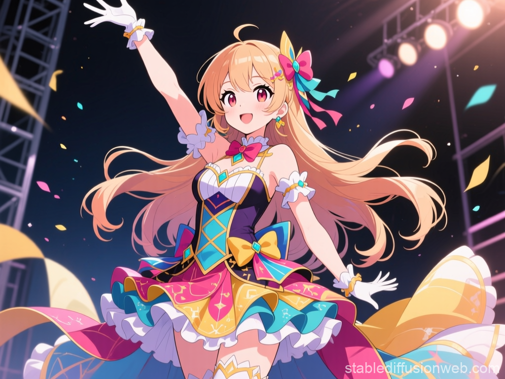 Cheerful Anime Idol on Stage with Colorful Dress