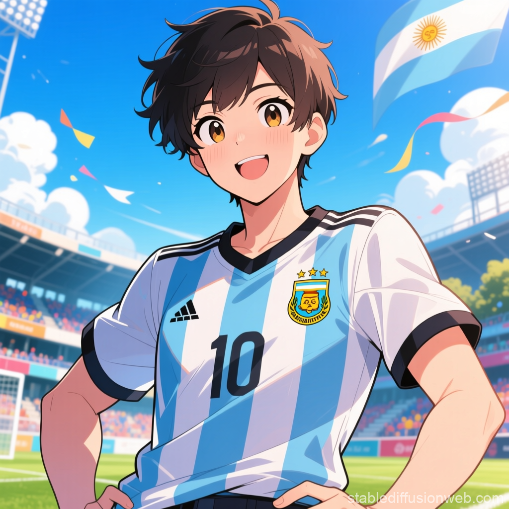 Cheerful Anime Soccer Player in Argentina Jersey