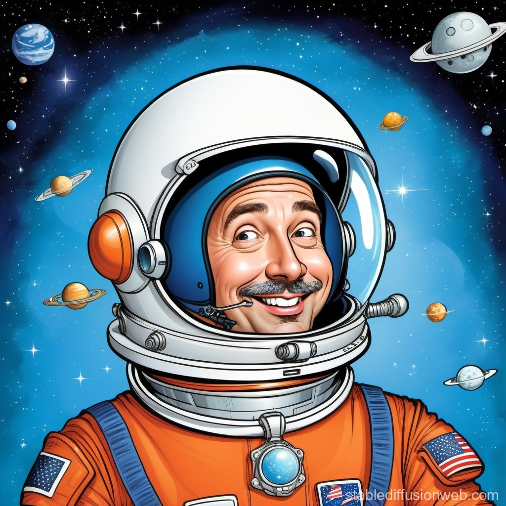 Cheerful Astronaut in Space with Planets