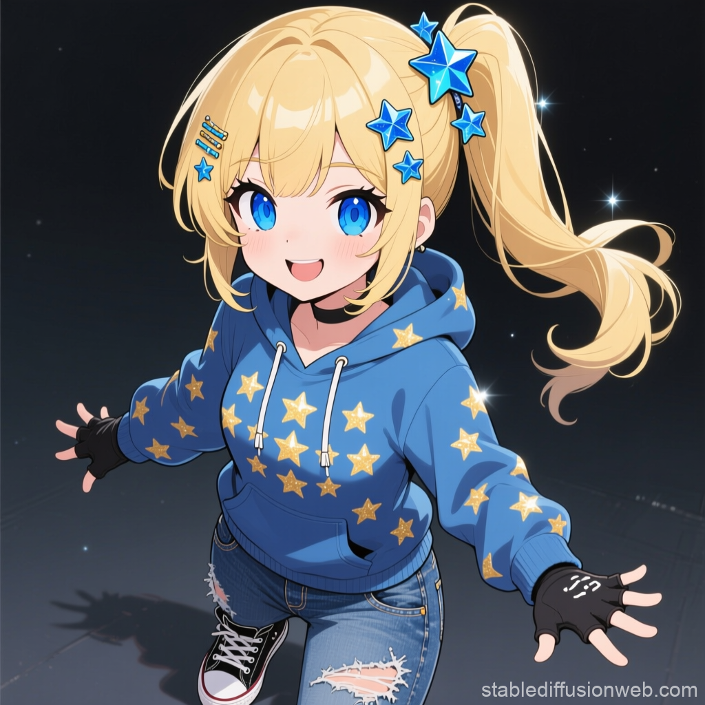 Cheerful Blonde Anime Girl with Star-Adorned Hoodie