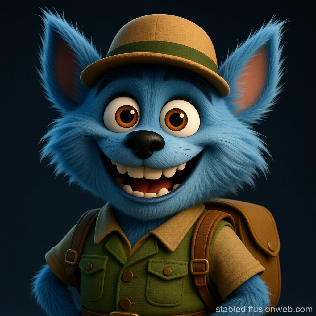 Cheerful Blue Cartoon Fox Traveler with Backpack