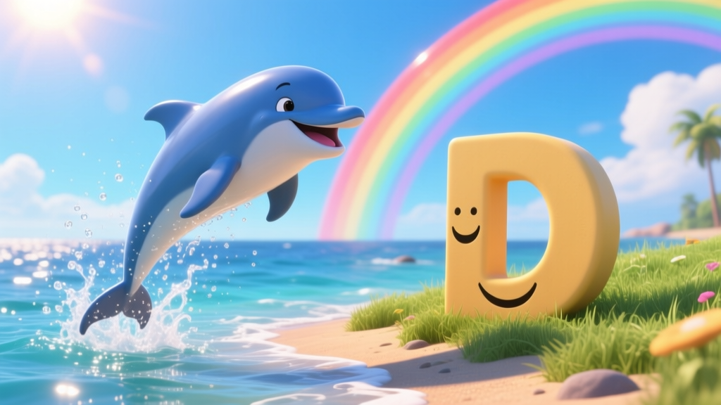 Cheerful Blue Dolphin Leaping by Smiling Letter D on Beach