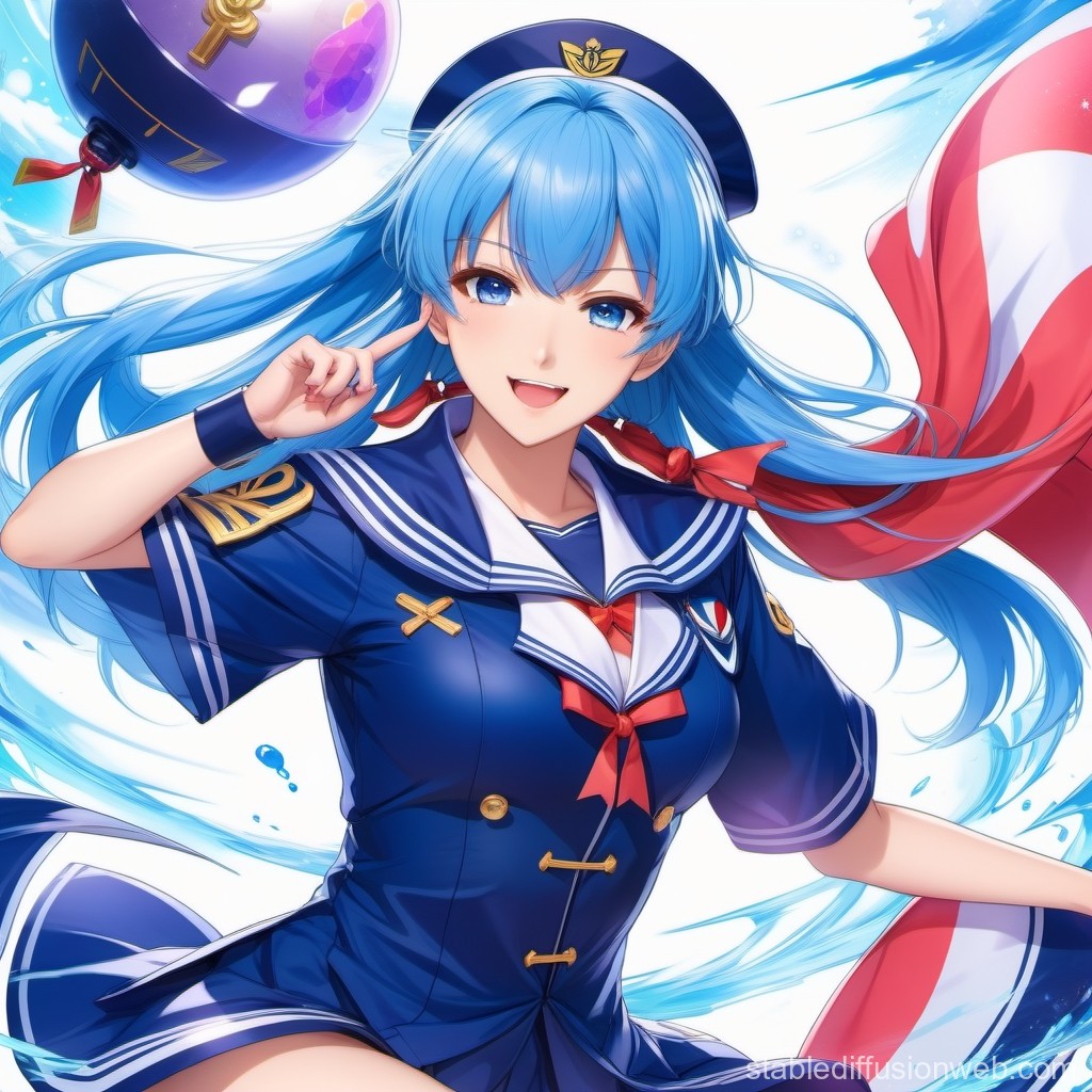 Cheerful Blue-Haired Sailor Girl in Anime Style
