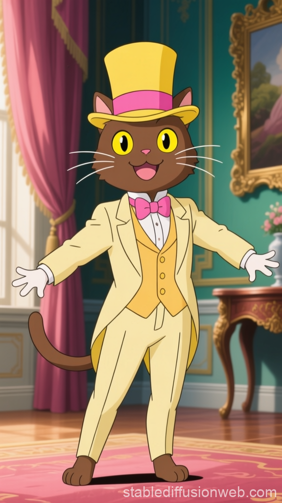 Cheerful Brown Anime Cat in Elegant Yellow Suit and Top Hat