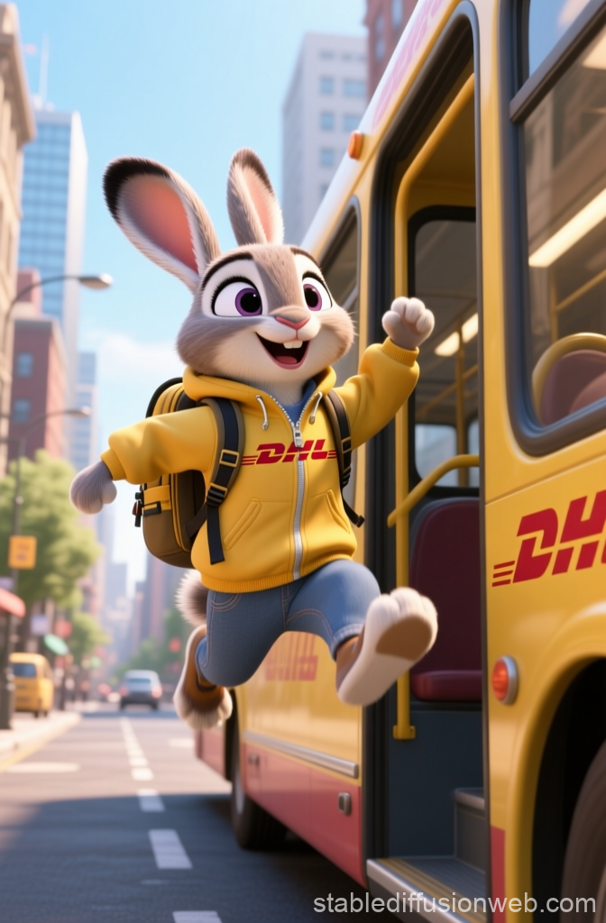 Cheerful Bunny Jumping onto a Yellow Bus