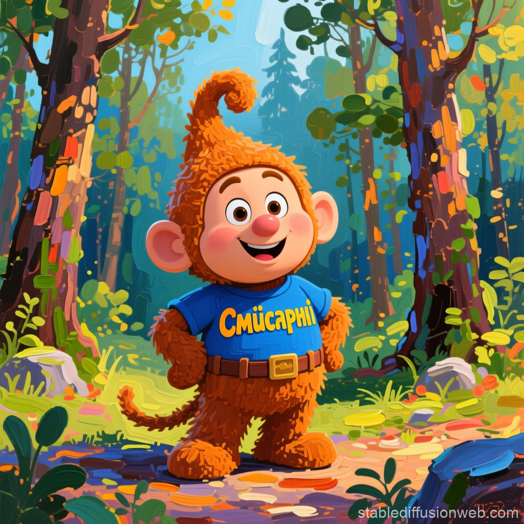 Cheerful Cartoon Character in Colorful Forest