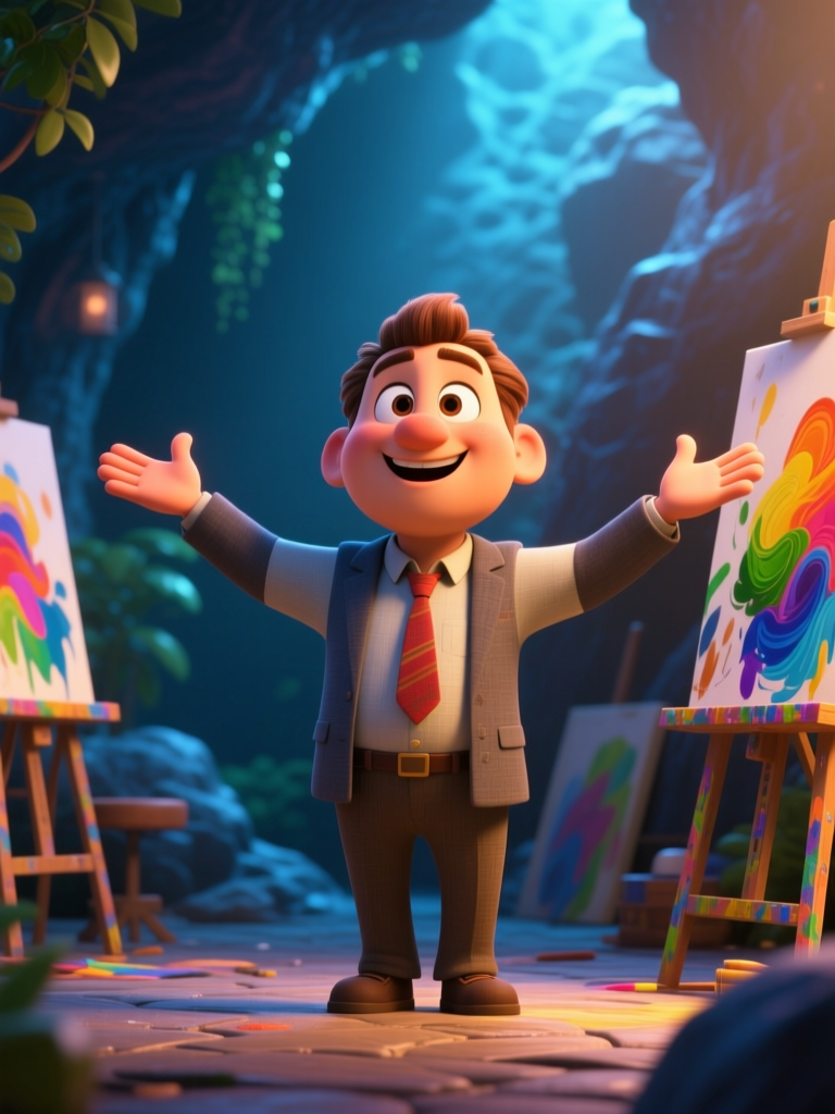 Cheerful Cartoon Man Welcoming with Open Arms in Art Studio