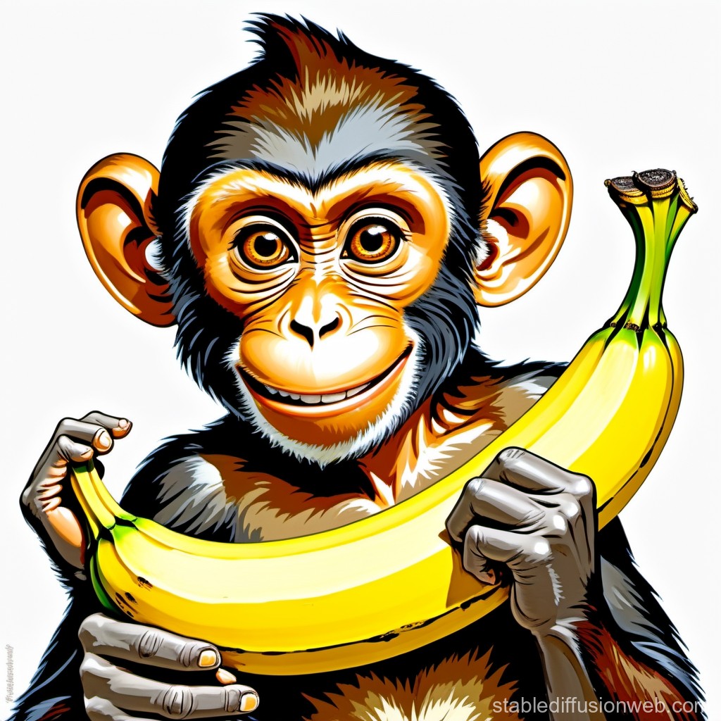 Cheerful Cartoon Monkey Holding a Large Banana