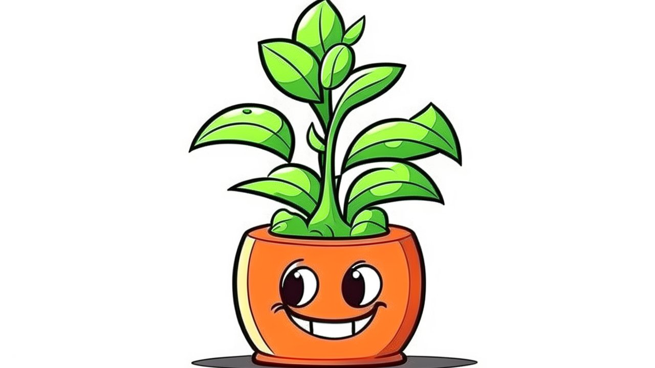 Cheerful Cartoon Plant in Orange Pot