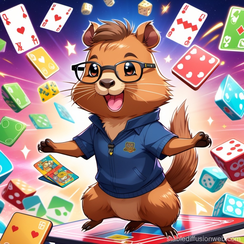 Cheerful Cartoon Rodent with Glasses Surrounded by Cards and Dice