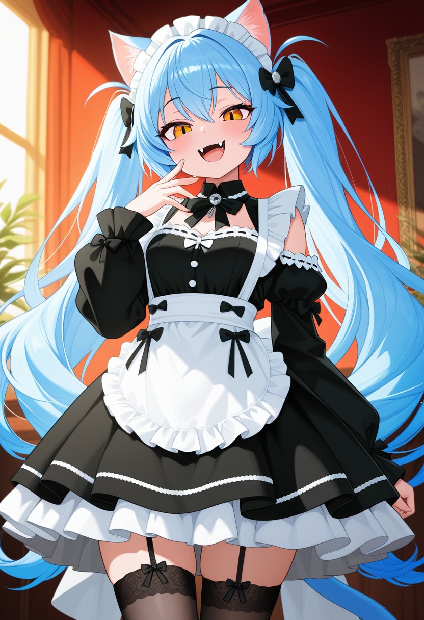 Cheerful Cat Girl Maid with Blue Hair in Classic Outfit