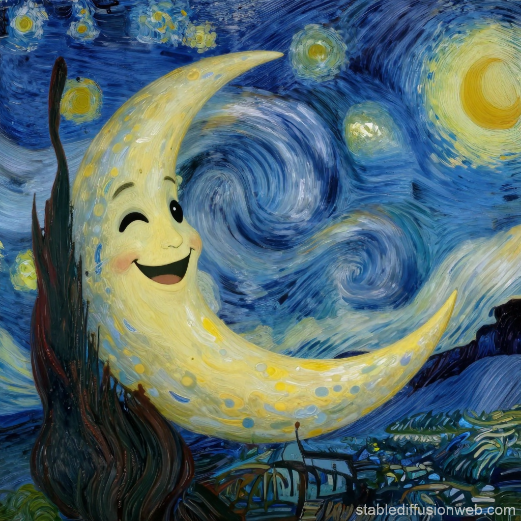 Cheerful Crescent Moon in Starry Night Sky