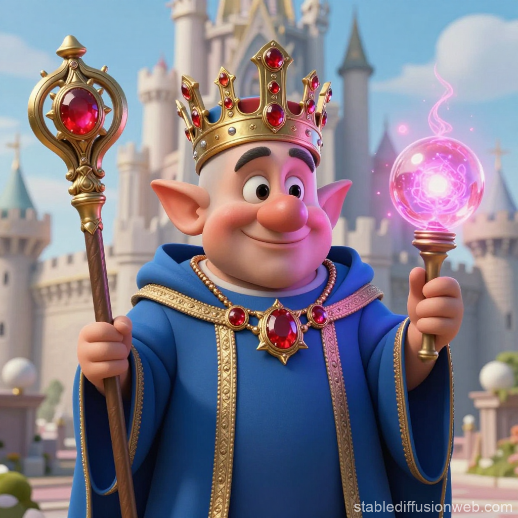 Cheerful Dwarf King with Magical Staff in Royal Attire