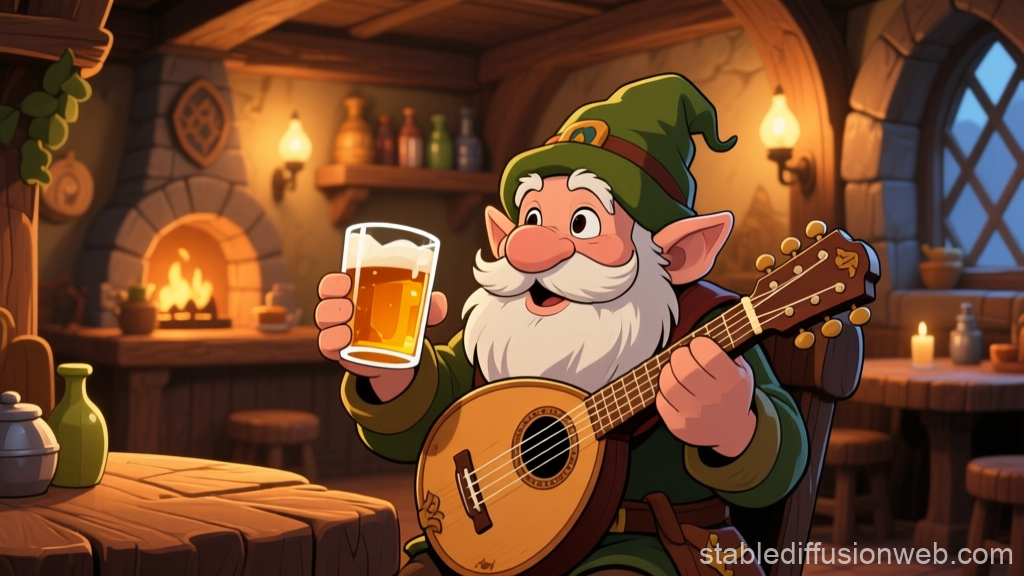 Cheerful Dwarf Musician in Cozy Medieval Tavern