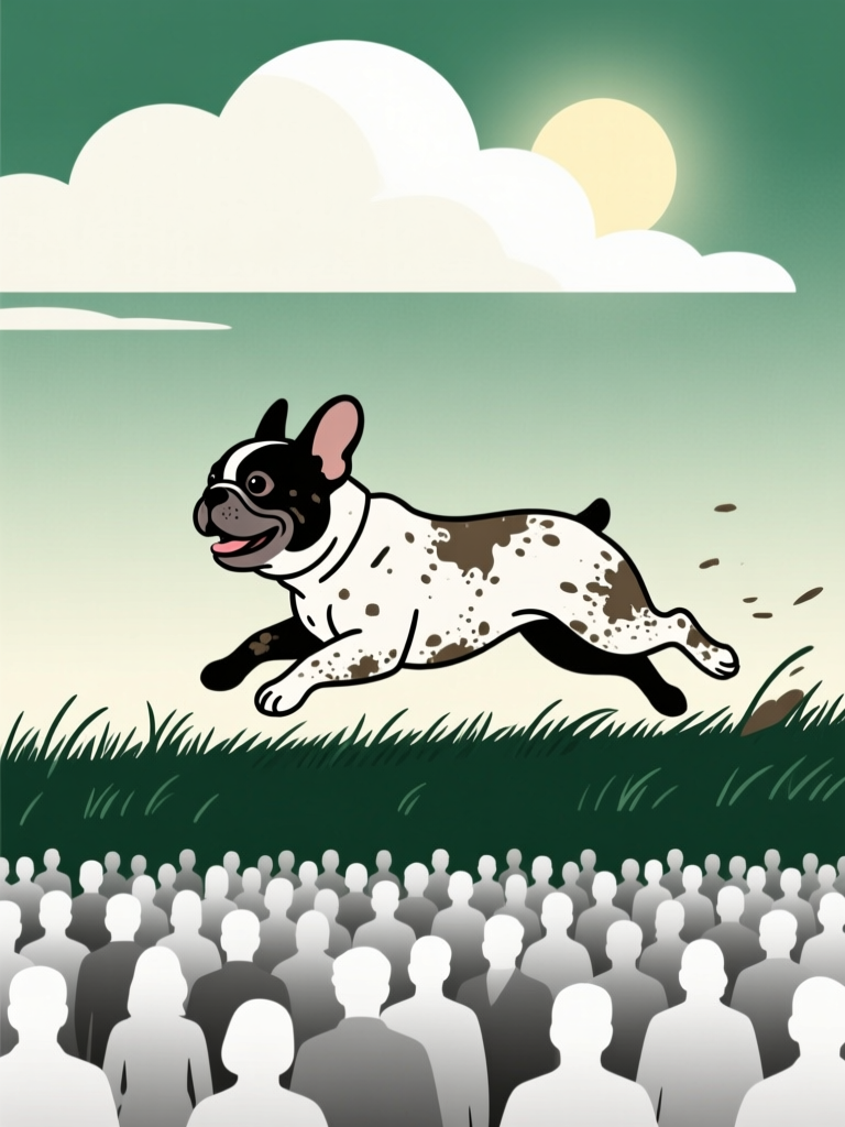 Cheerful French Bulldog Leaping Over Crowd