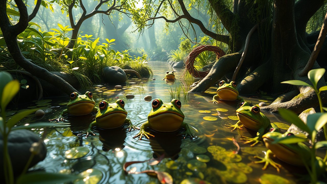 Cheerful Frogs in a Sunlit Forest Stream