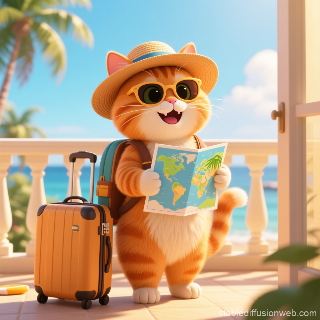 Cheerful Ginger Cat on Vacation with Map and Suitcase