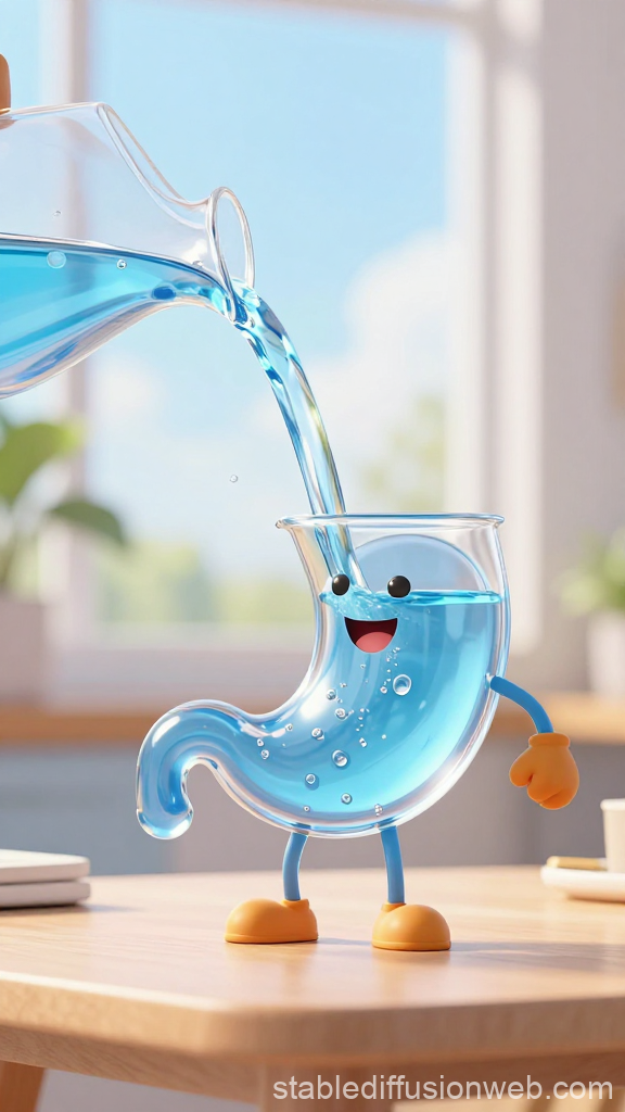 Cheerful Glass Stomach Character Being Filled with Water