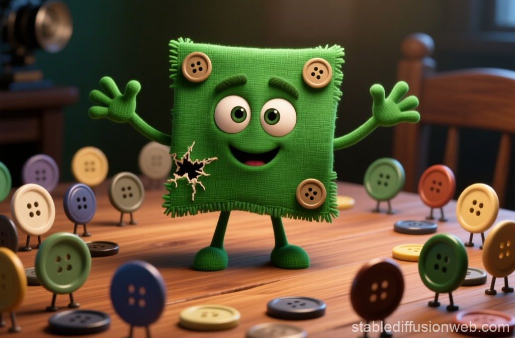 Cheerful Green Fabric Character with Button Friends