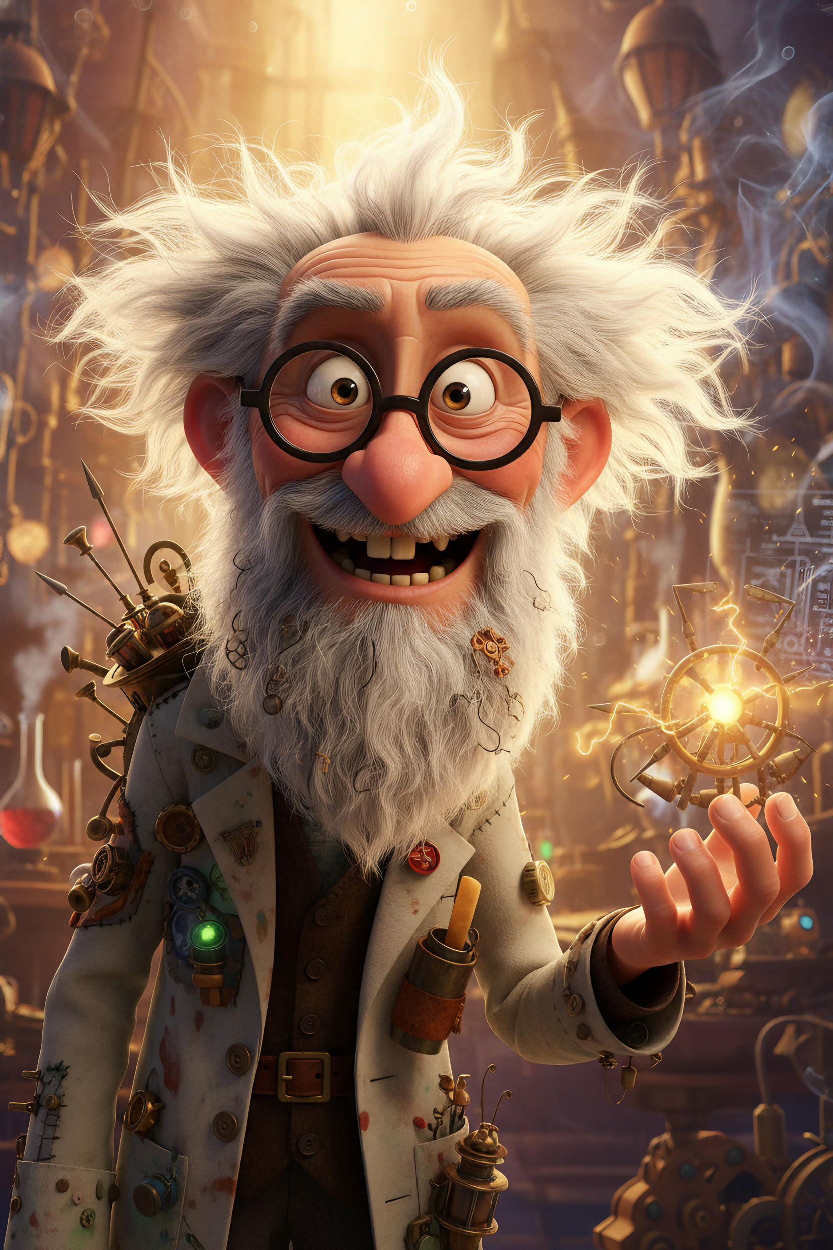 Cheerful Inventor Holding Glowing Mechanical Device