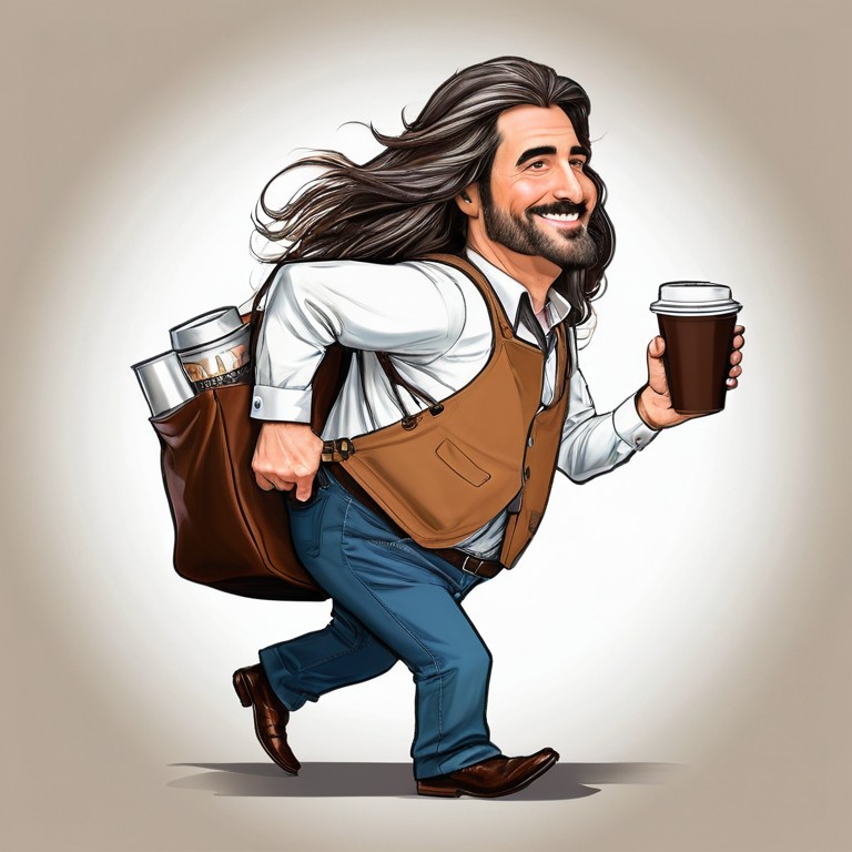 Cheerful Man Carrying Coffee and Bag in Motion