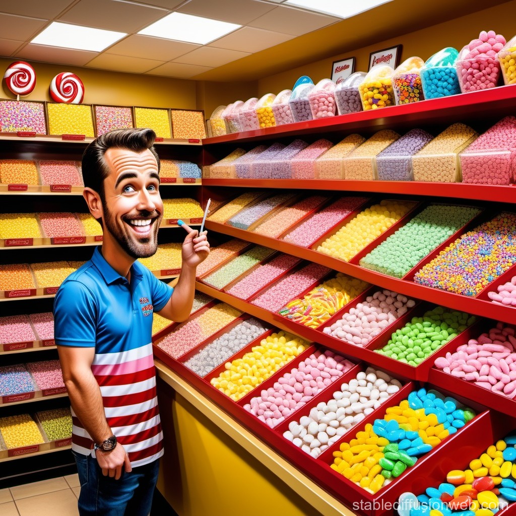 Cheerful Man Choosing Candy in Colorful Sweet Shop