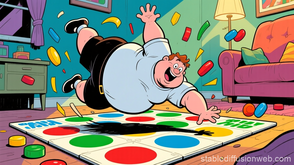 Cheerful Man Falling on Twister Game Mat in Cozy Living Room