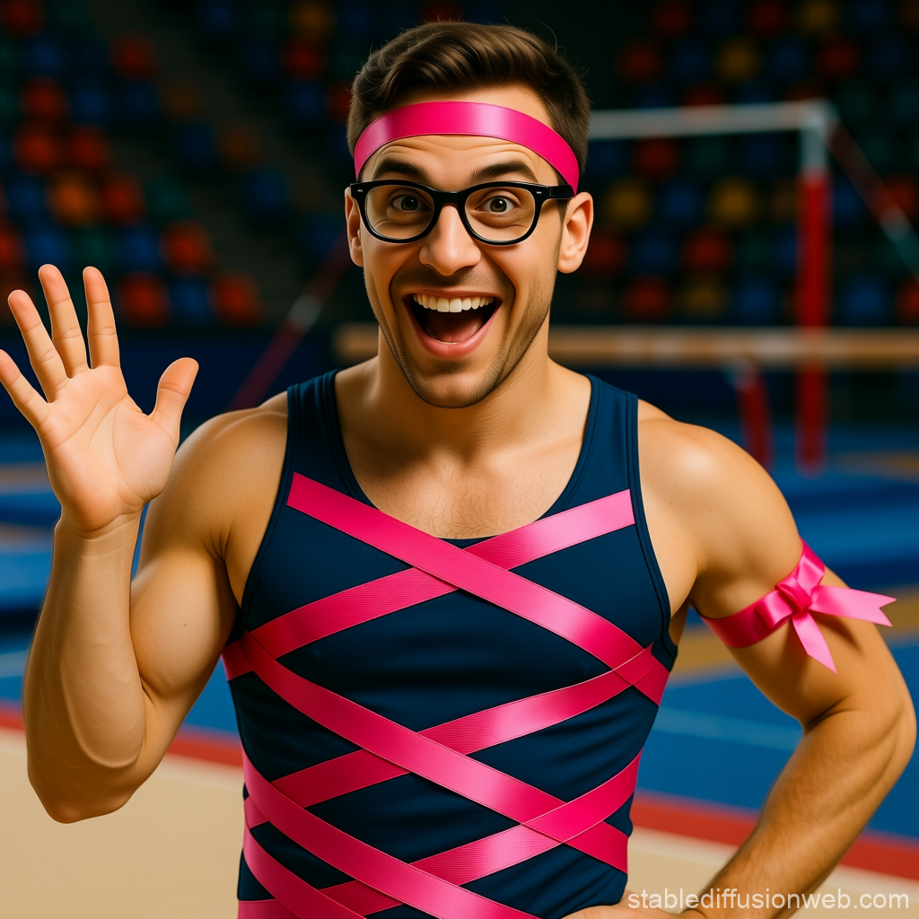 Cheerful Man in Playful Ribbon Outfit Waving