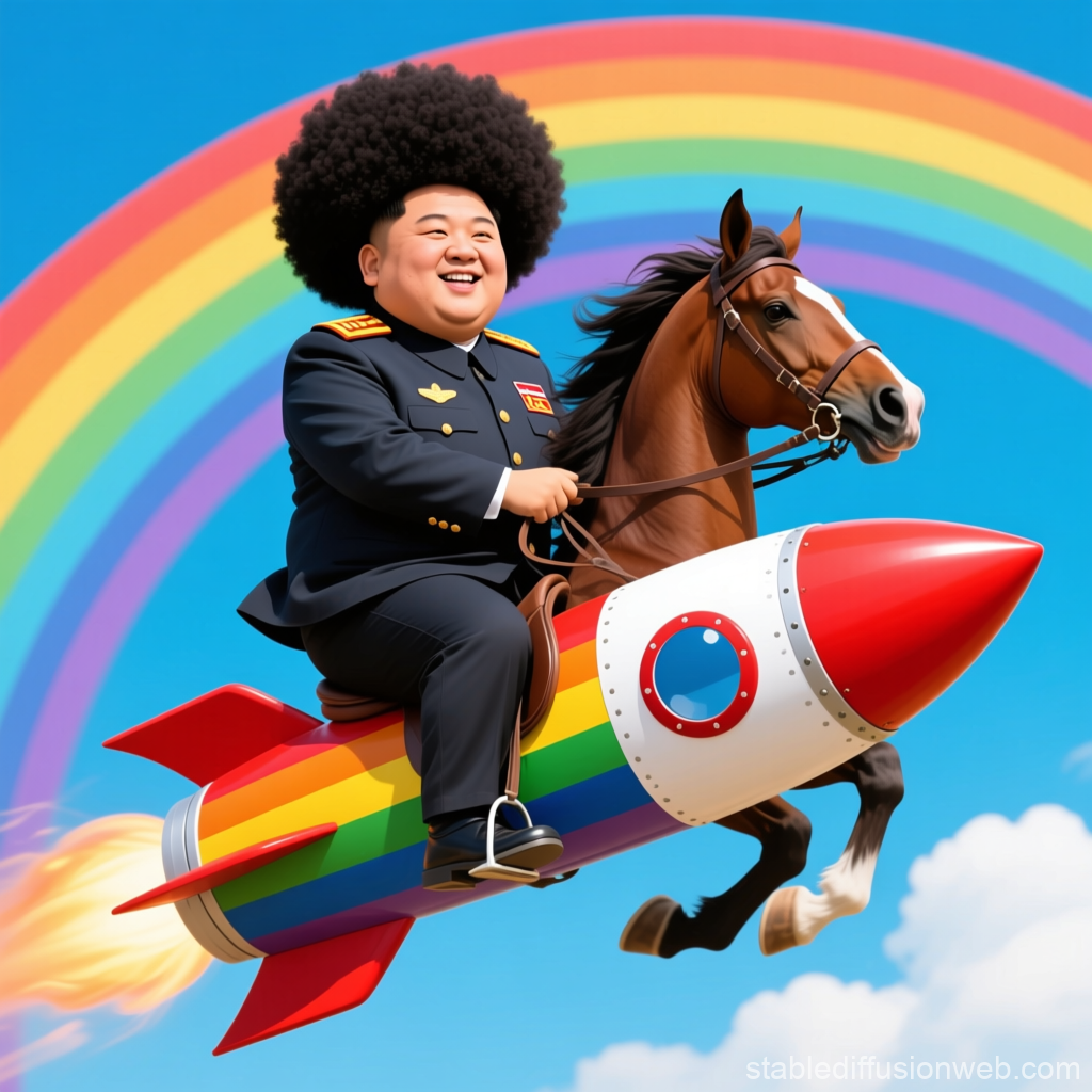 Cheerful man with afro riding horse on rainbow rocket