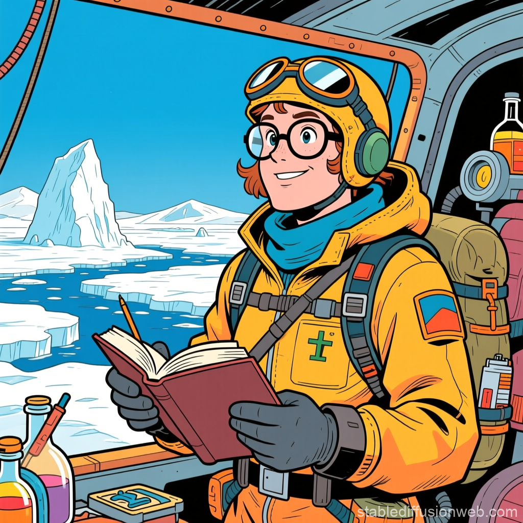 Cheerful Mathematician on Arctic Expedition Taking Notes