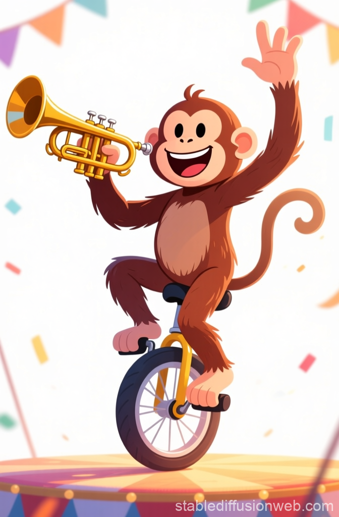 Cheerful Monkey Playing Trumpet on Unicycle