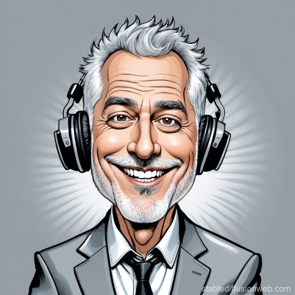 Cheerful Older Man Wearing Headphones in Suit Caricature