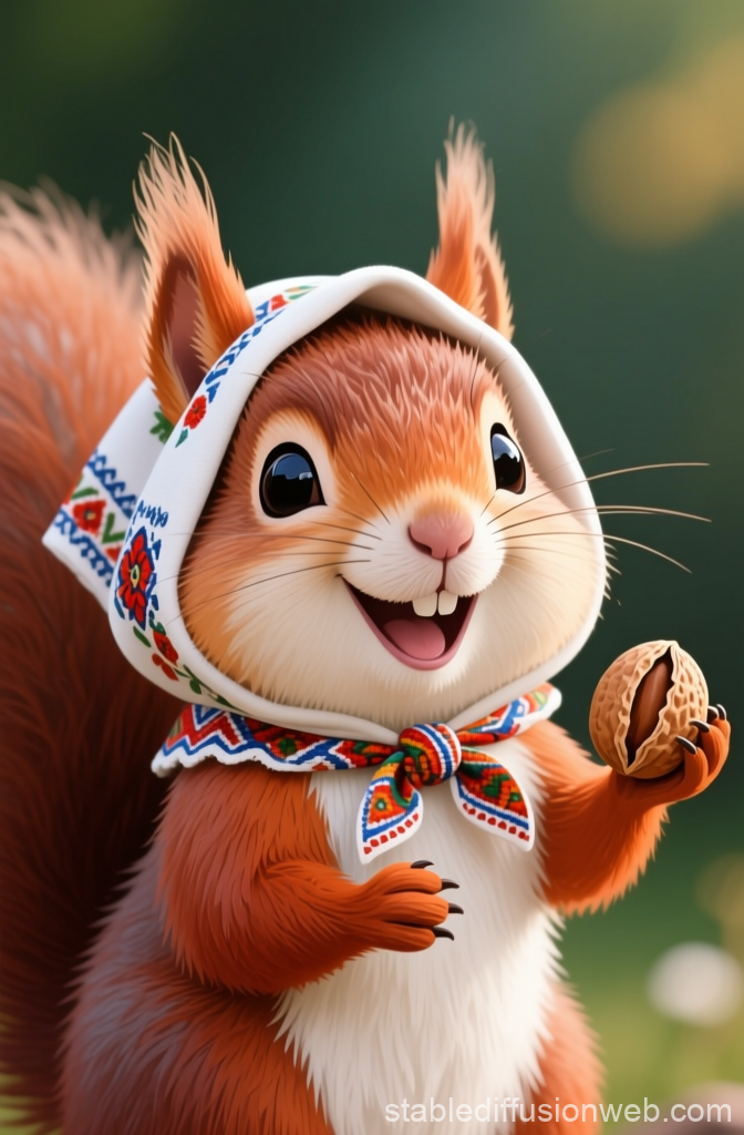 Cheerful Red Squirrel Wearing Traditional Headscarf Holding Walnut