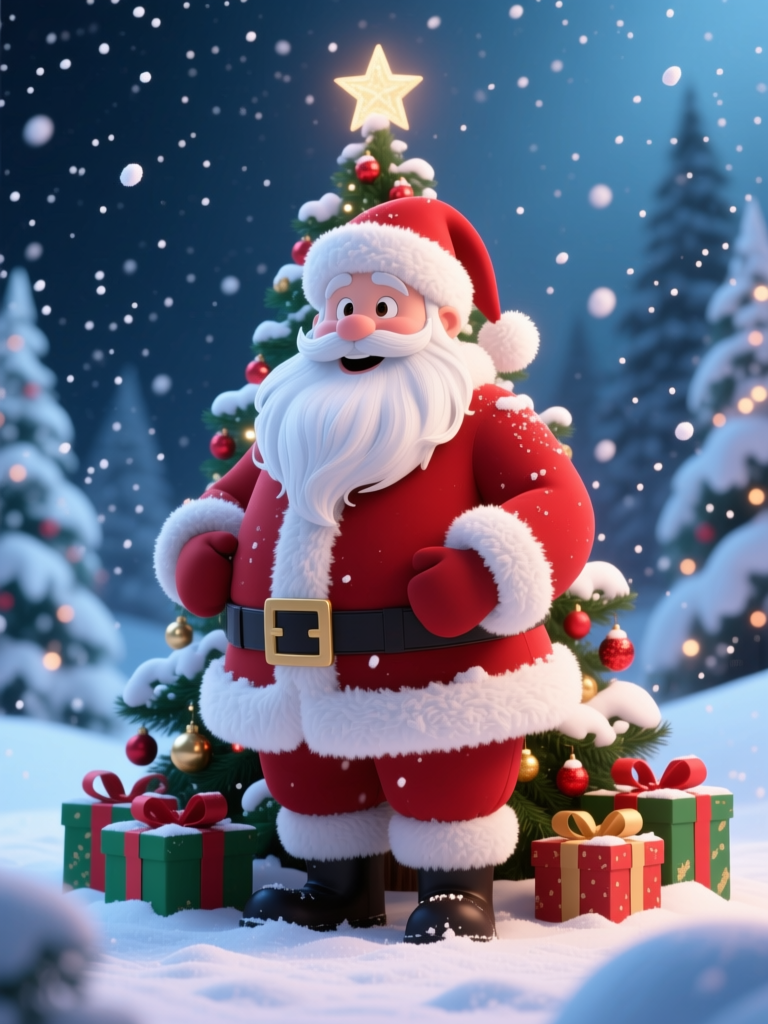 Cheerful Santa Claus with Christmas Tree and Gifts in Snowy Night