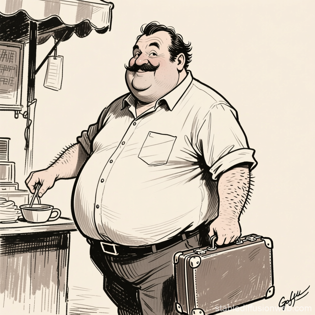 Cheerful Seller Stirring Coffee with Briefcase