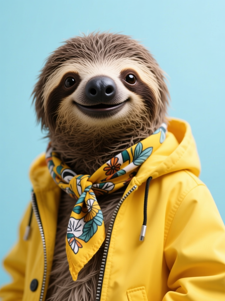 Cheerful Sloth in Yellow Jacket and Floral Scarf