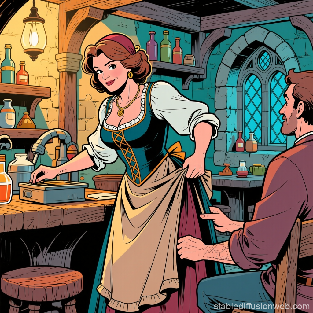 Cheerful Tavern Maid Serving a Customer
