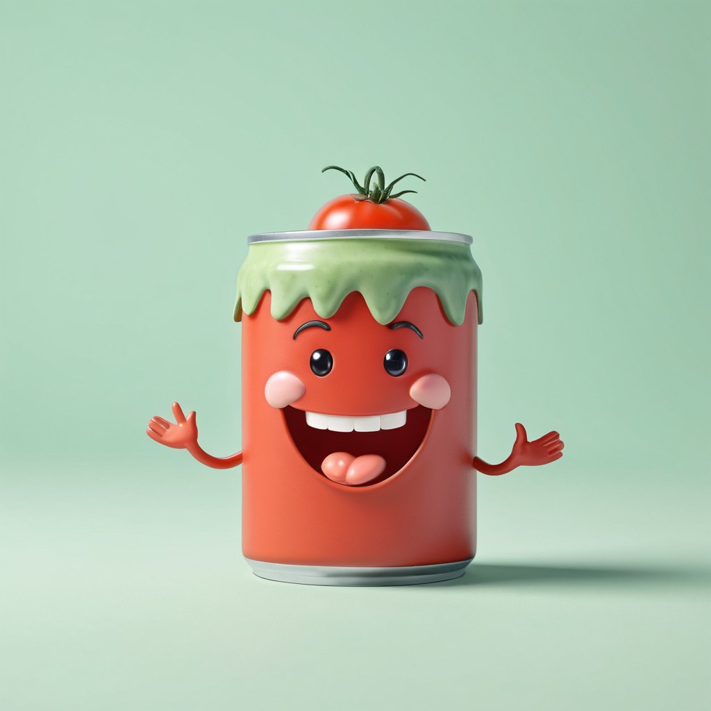 Cheerful Tomato Can Character with Green Drip and Tomato Top