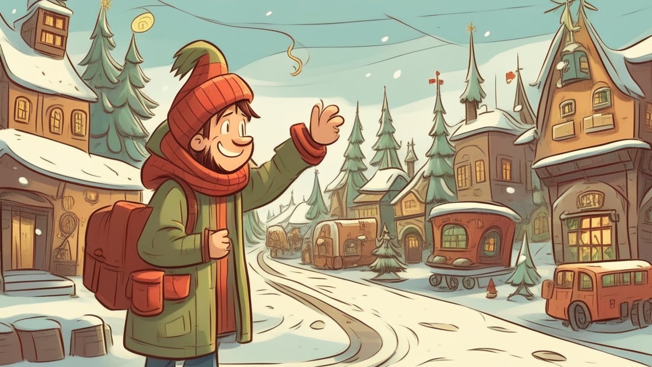 Cheerful Traveller in a Snowy Village