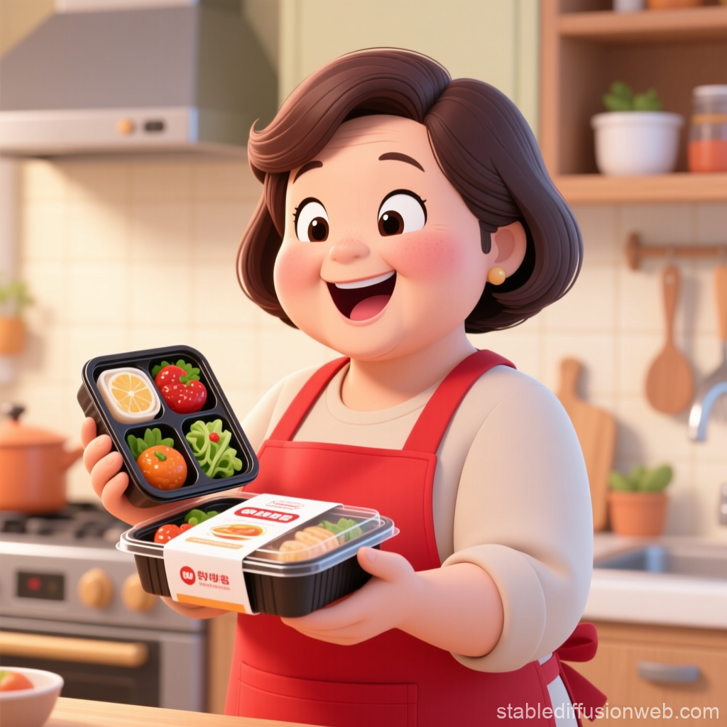 Cheerful Woman Presenting Healthy Meal Box in Kitchen
