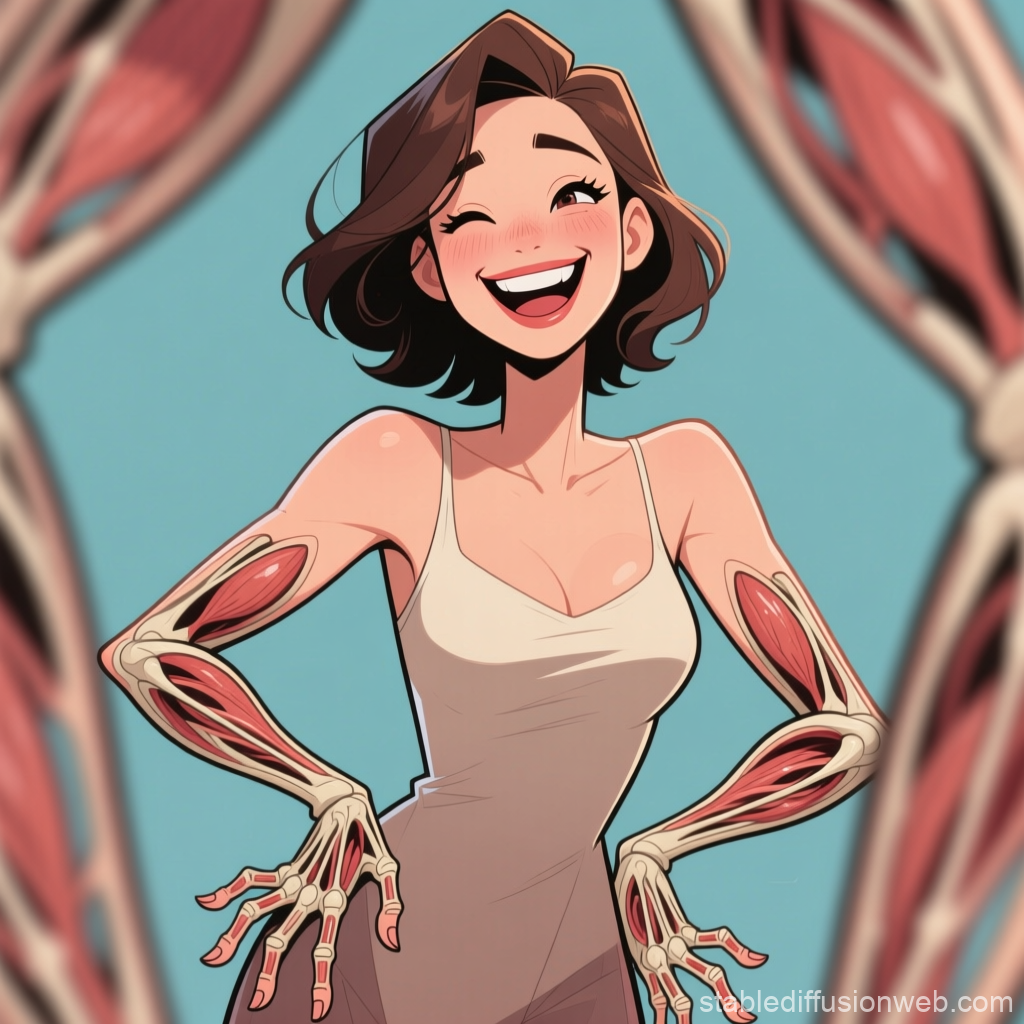 Cheerful Woman with Anatomical Arm Muscles and Bones